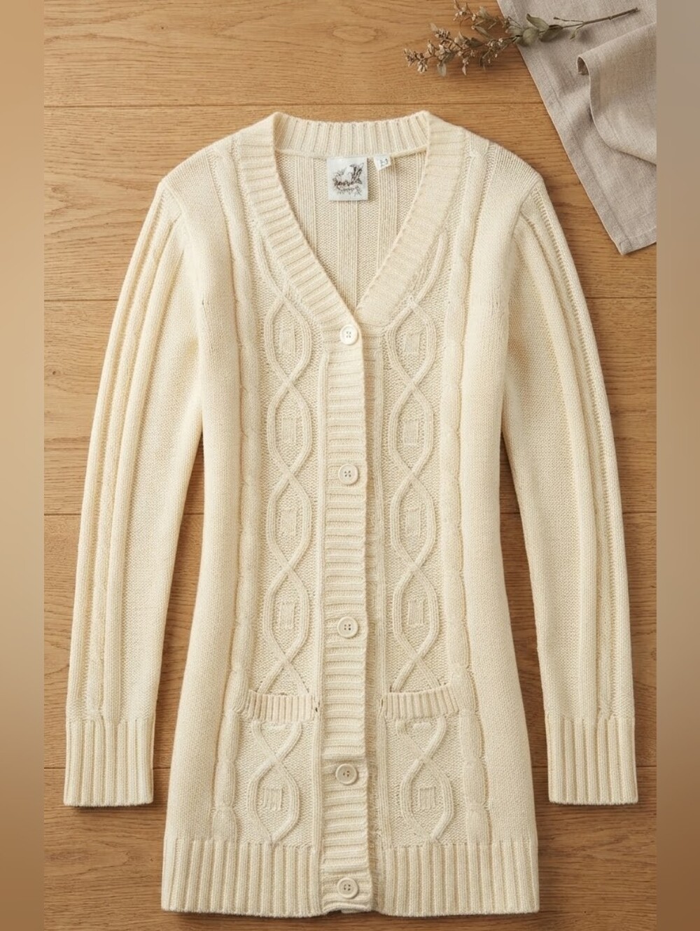 Long Cream Cable Knit Button-Front Sweater Dress